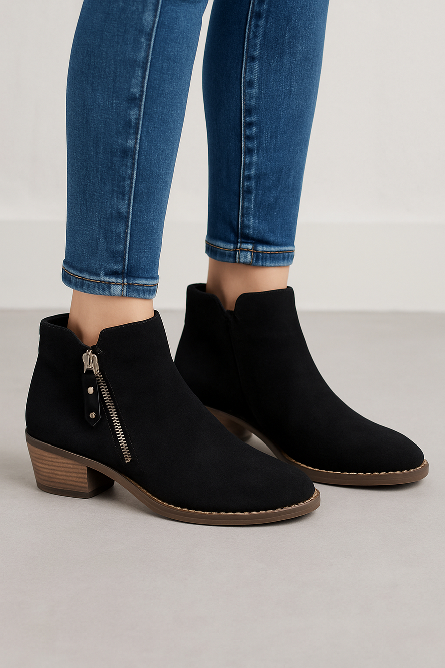 X-Appeal Nikole Black Suede Zip Ankle Boots Booties 1 InchHeel Women's 8.5M